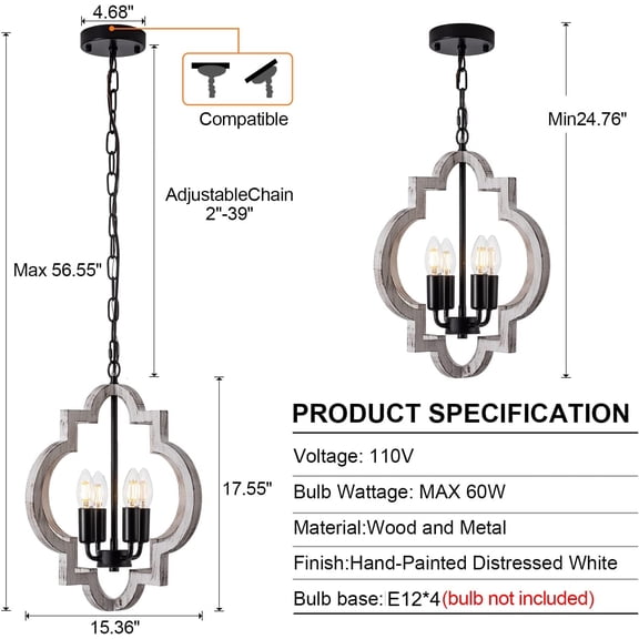 4-Light Rustic Farmhouse Orb Chandelier Handmade Wood Pendant Light for Dining Room Kitchen Bedroom