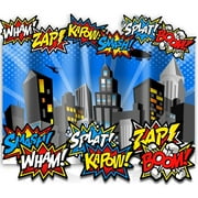 BIGTIME SIGNS Superhero Party Supplies | Vibrant City Backdrop with 6 Super Hero Sign Photo Booth Props for Boy or Girl Birthday Party |