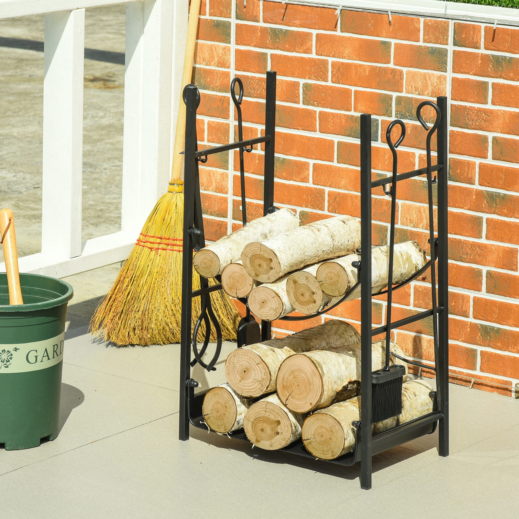 Suzicca 18in 2-Tier Fireplace Log Storage Rack Firewood Holder with Poker  Tongs Hooks Black - Walmart.com
