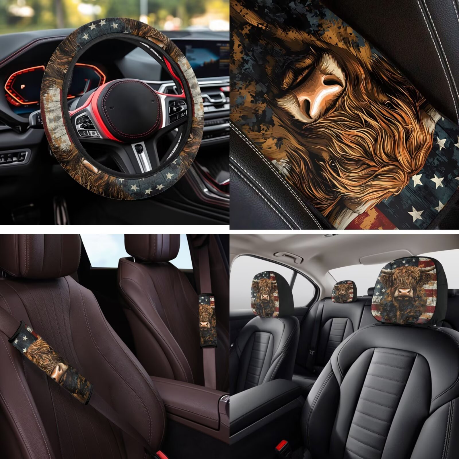Uorisanigo Highland Cow 14 Pcs Car Seat Covers Sets with Cars Headrest Cover and Steering Wheel Cover Seat Belt Pads Car Water Cup Coaster Keychain Decorative Personalized Fit Cars SUVs