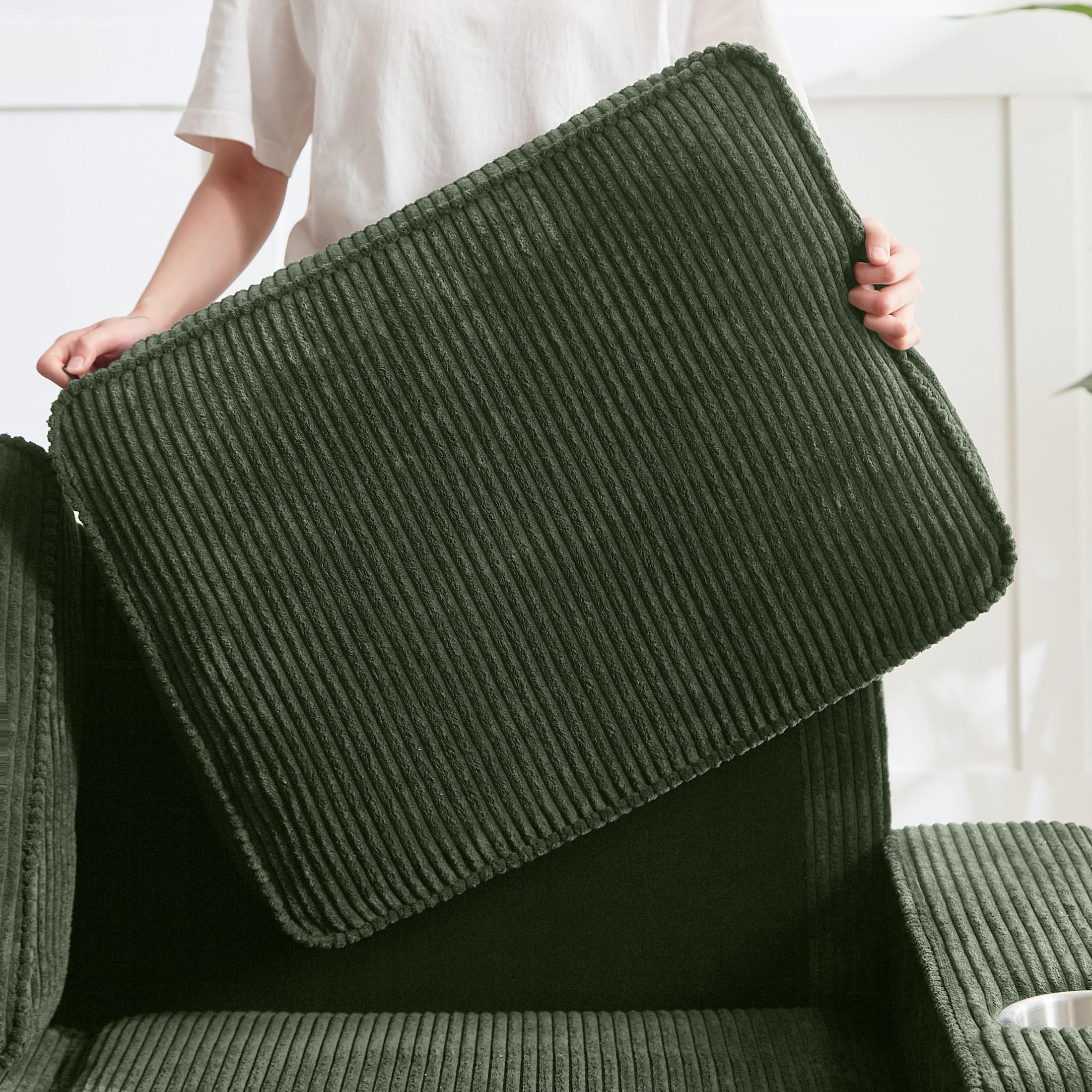 Aukfa 84" Corduroy Sofa with Cup Holders, Modern 3-Seater Fabric Couch for Living Room, Green