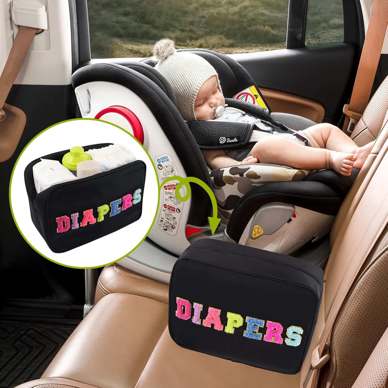 Portable Small Diaper Bag, Chenille Letter Diaper Caddy Organizer Pouch Newborn Baby Essentials Must Haves for Nursery Changing Table, Black Waterproof Diaper Pail Baby Shower Gifts for Mom To Be