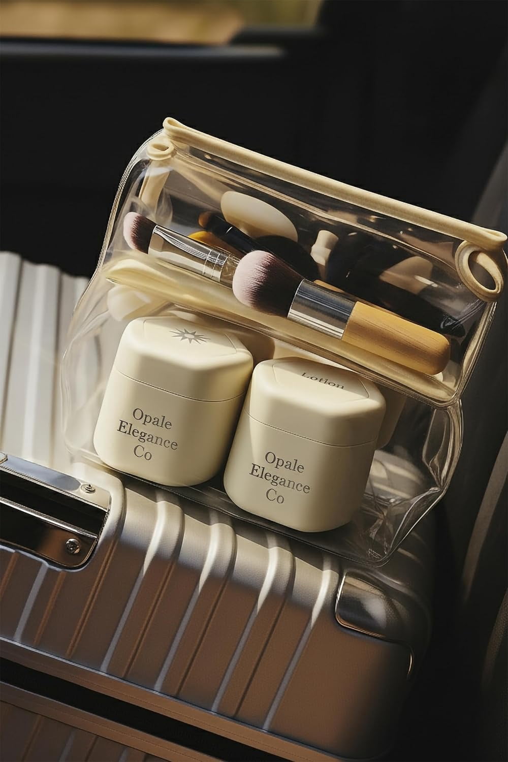 Travel Containers Body Care Capsule Set - Magnetic Containers with Lids,Carry On Travel Essentials for Women/Men-3 Flex Mediums (1.32oz) - Body Wash, Lotion & Sun Icon Label White