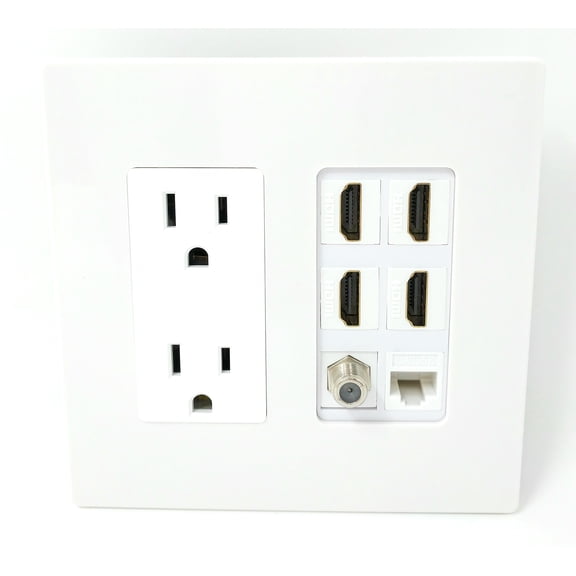 RiteAV 15A Power Outlet 4 Port HDMI 1 x Cat5e Ethernet Coax Cable TV Screwless Wall Plate