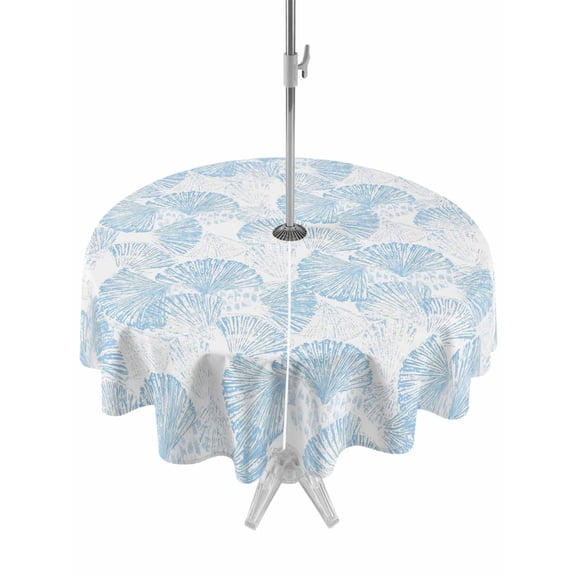Outdoor Tablecloth with Umbrella Hole for Patio/Picnic/Party/Camping, Ocean Shell Waterproof Table Cloth Round Cover Washable, Summer Coastal Seashells Texture Light Blue (Dia 60")