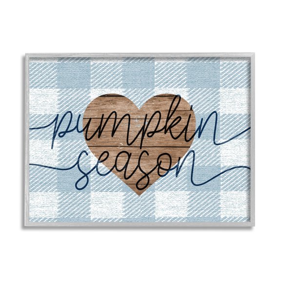 Stupell Industries Pumpkin Season Grain Pattern Heart Blue Checker Plaid Graphic Art Gray Framed Art Print Wall Art, 14x11, by Daphne Polselli