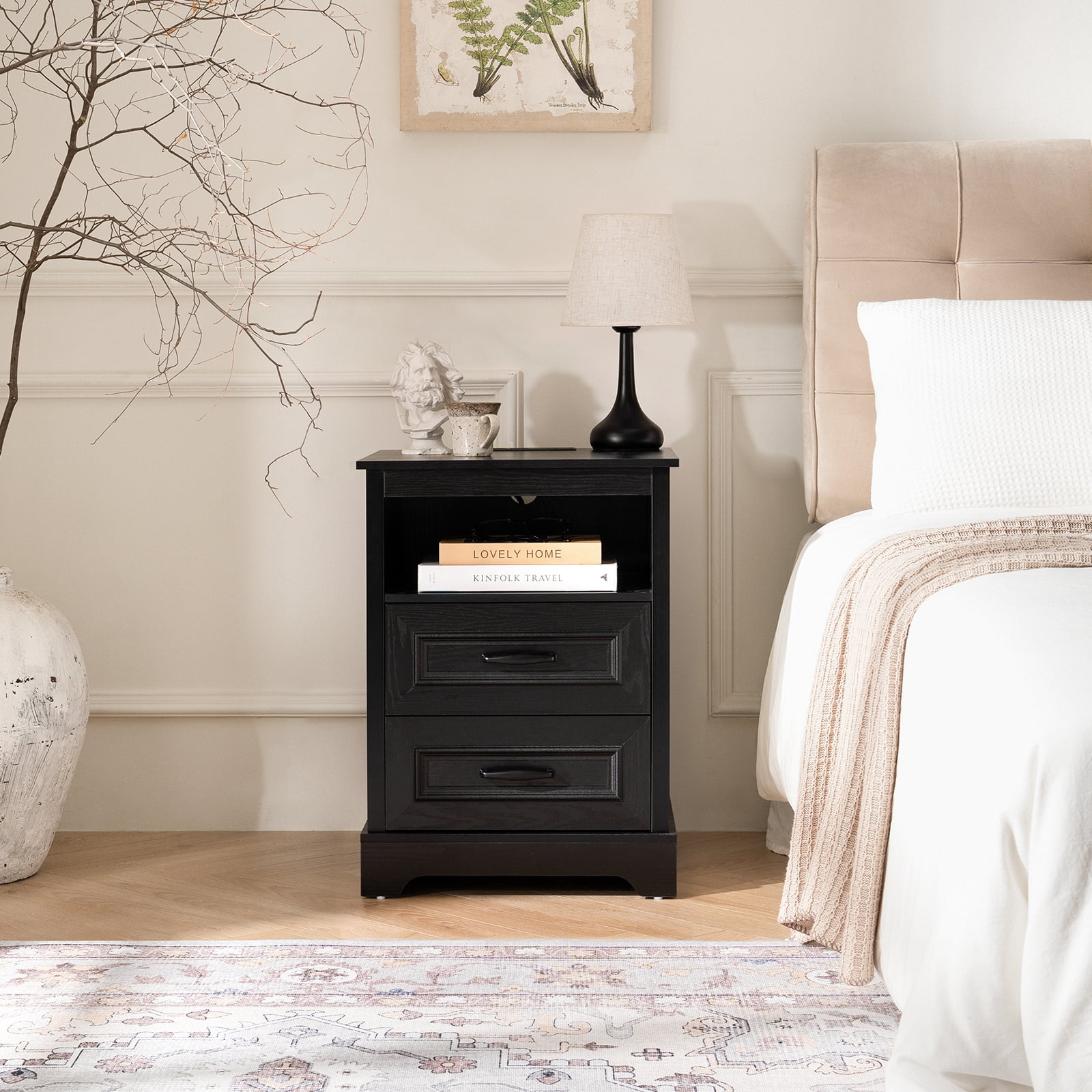 18" Farmhouse Night Stand with Charging Station, Bedside Tables with 2 Drawers & Storage Shelf, Side End Tables  for Bedroom Living Room, Black