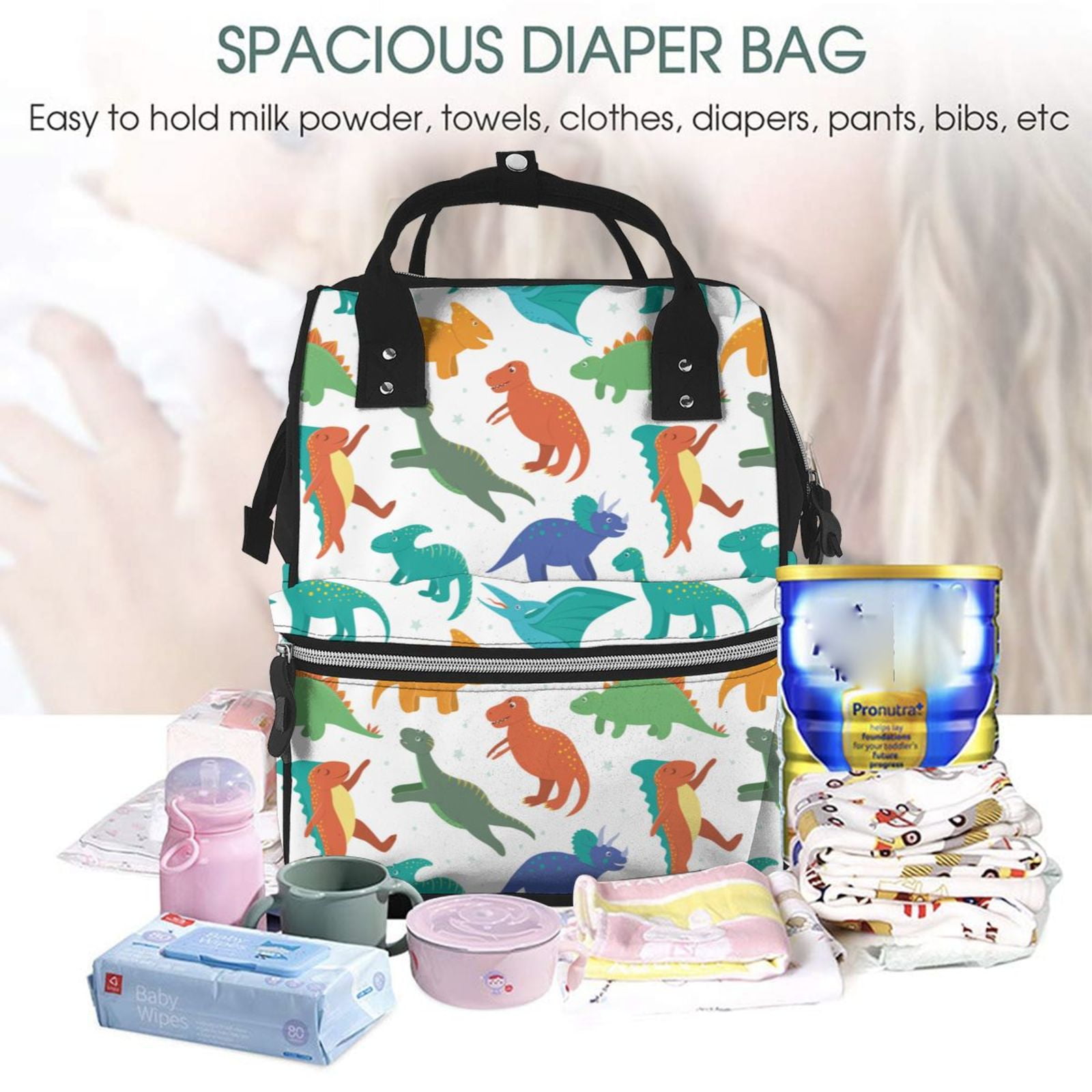 Ratiio Colorful Dinosaur Mummy Backpack - Waterproof Twill Canvas, Large Capacity Diaper Bag with Multiple Pockets and Adjustable Straps