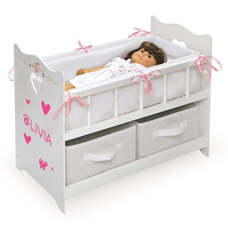 Badger Basket Doll Crib with Two Baskets and Free Personalization Kit -  Executive Gray-Color:White Rose,Material:100% Polyester Fabric 