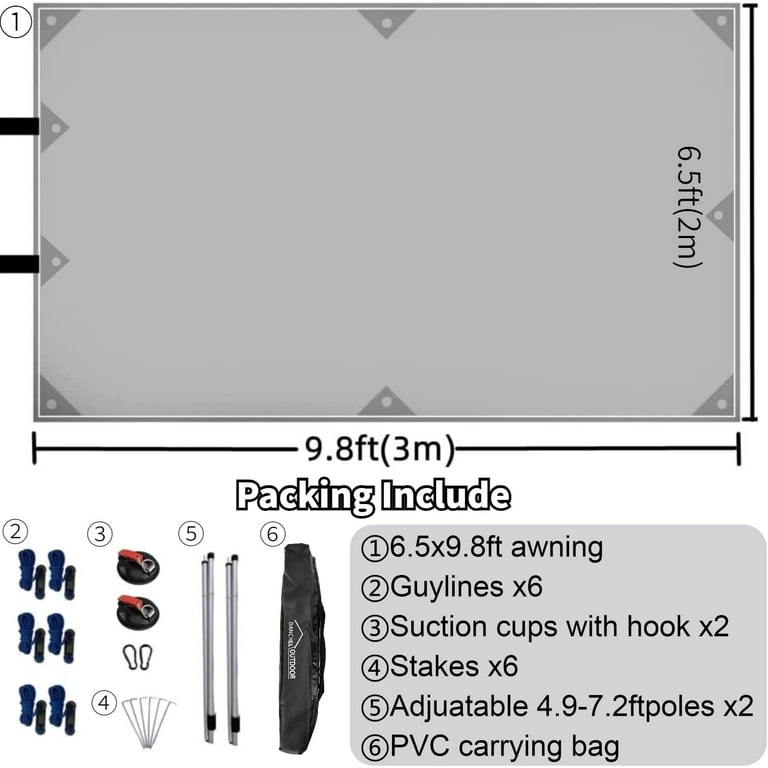 DANCHEL 6.5ft x 9.8ft Gray Suction Cup Vehicle Side Awning