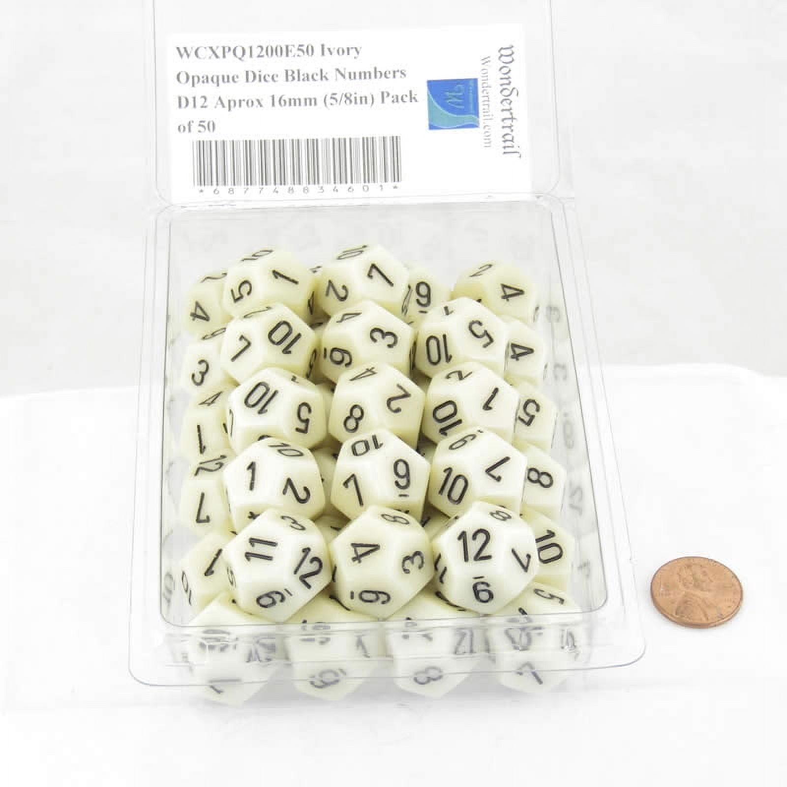 Ivory Opaque Dice with Black Numbers D12 Aprox 16mm (5/8in) Pack of 50 Wondertrail