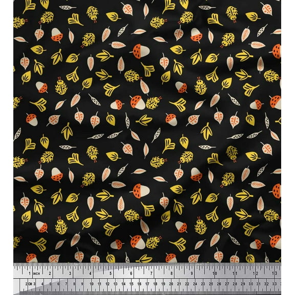 Soimoi Black Rayon Fabric Insect,Acorn & Leaves Clip Art Printed Craft Fabric by The Yards 42 Inch Wide