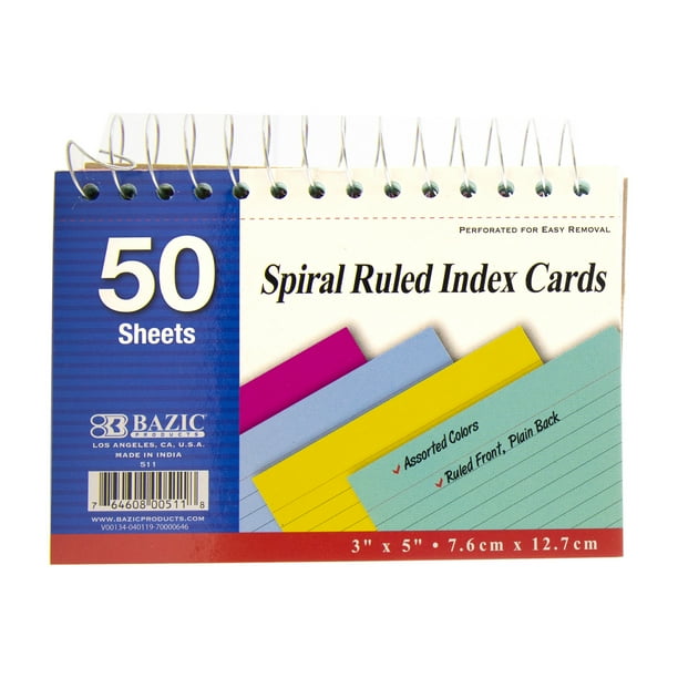 BAZIC Ruled Index Cards Book 3" X 5" 50 Count, Spiral Bound Memo