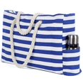 thumbnail image 1 of Large-capacity Beach Bag, Cotton Rope Handle, Blue Striped Canvas Beach Handbag, Including Inner Pocket, 1 of 3