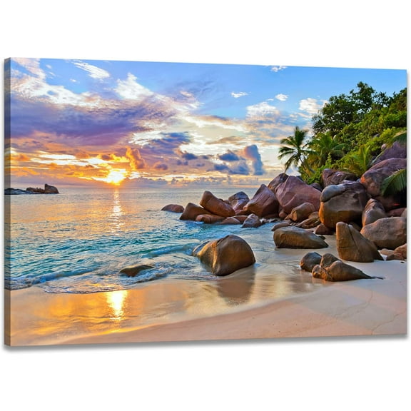 Coastal Decor Canvas Wall Art Beach Artwork for Walls Tropical Seacape Sunset at Ocean Prints Pictures Poster Modern Landscape Framed Ready to Hang12x16inches
