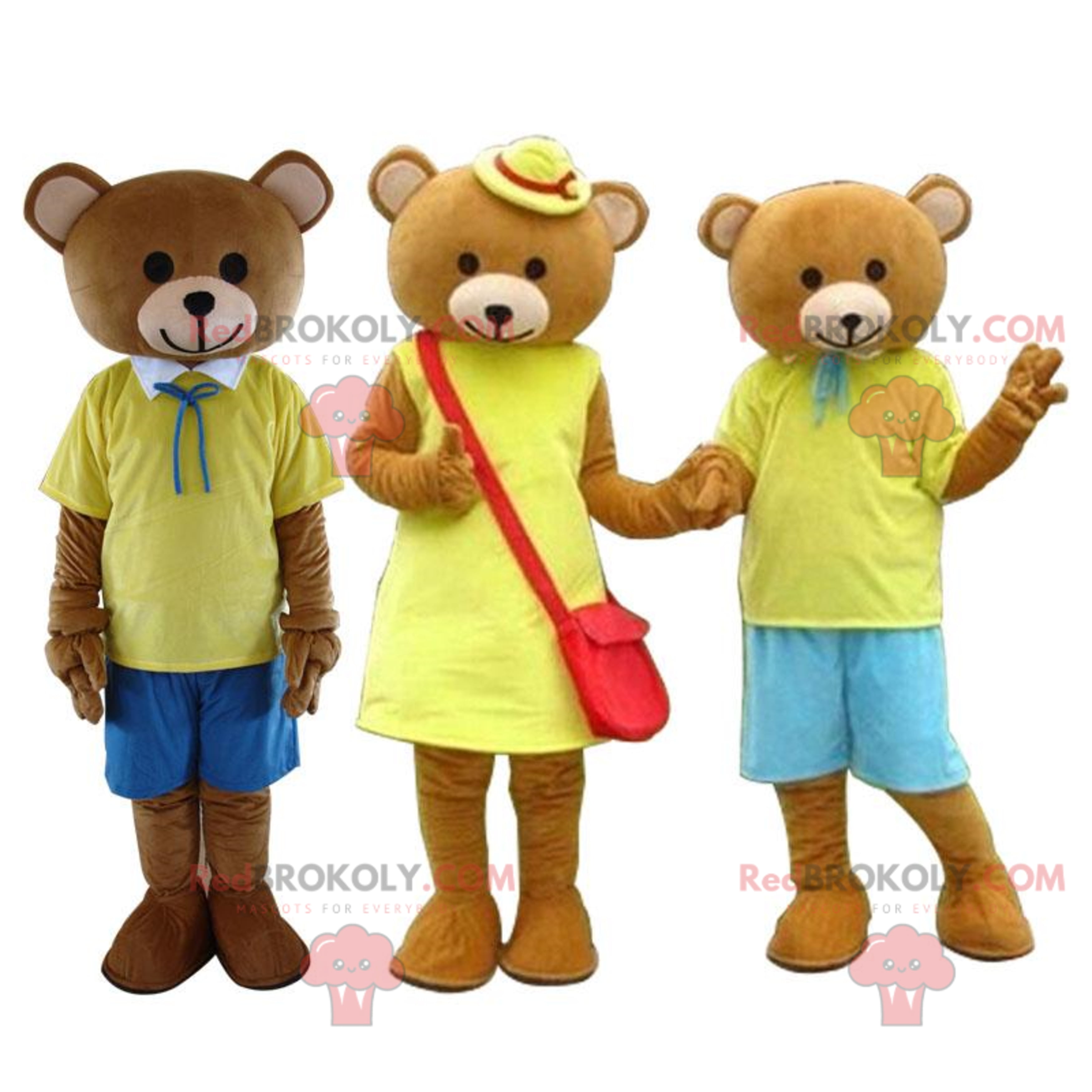 3 brown teddy bear mascots dressed in yellow, bear costumes