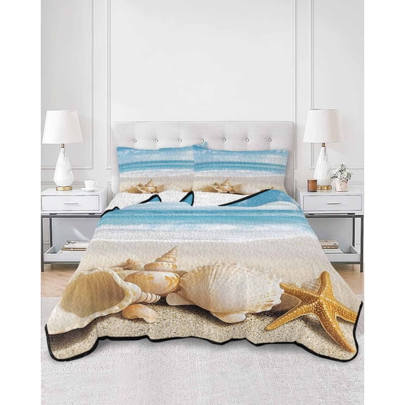 Quilts Twin XL Size, Beach Coastal Soft Comforter Bedding Set for Bed, Summer Nautical Seaside Starfish Shell Lightweight Quilted Bedspread with Pillow Cover(2 Pieces) for All Season, 68x98 Inch
