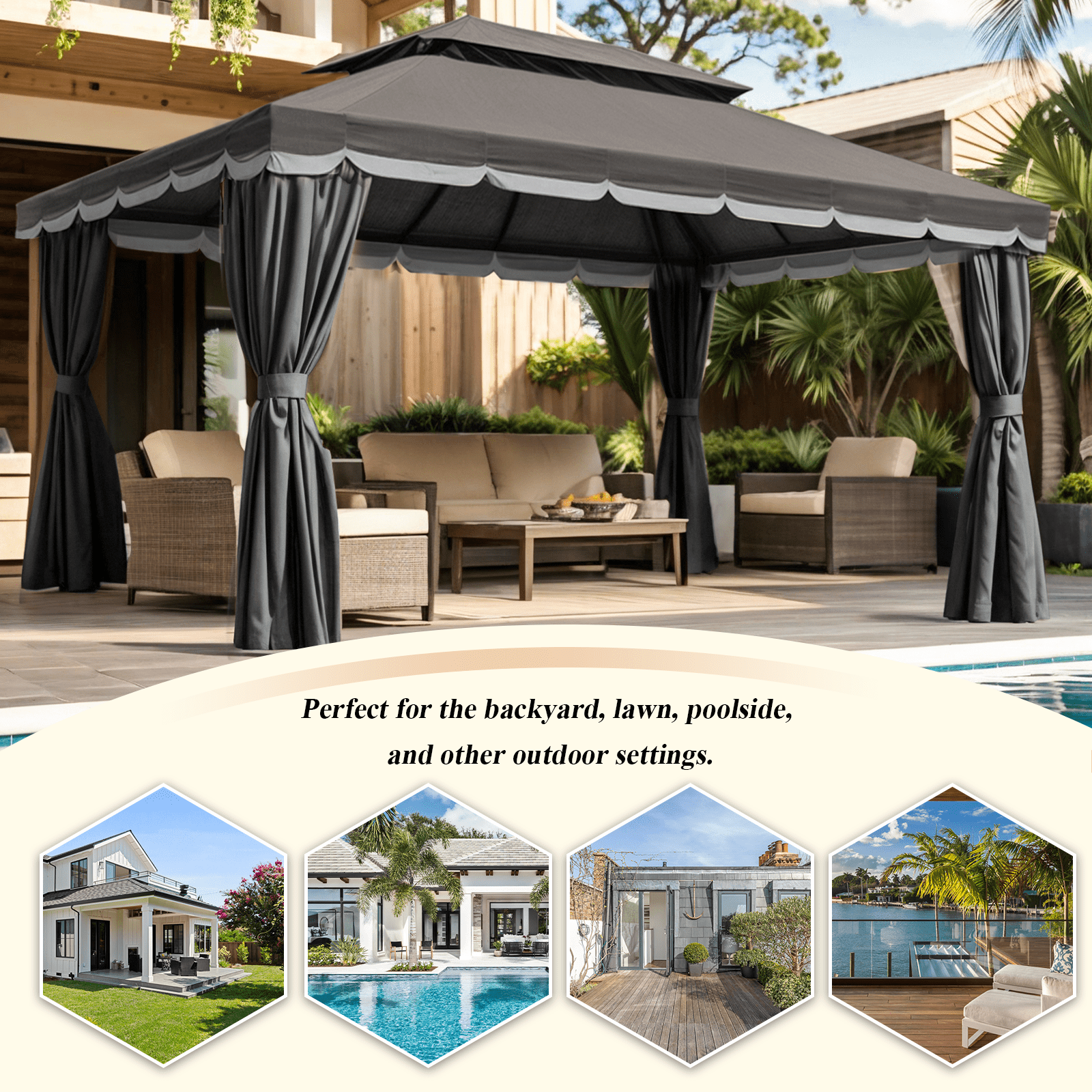 Grezone 10×13 FT Deluxe No Screws\ Gazebo,Double Roof Outdoor Shelter Tent with Mosquito Nettings and Privacy Screens