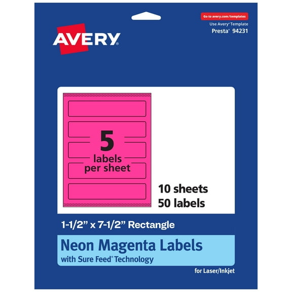 Avery Printable Rectangle Labels, Neon Magenta, 1.5" x 7.5", 50ct
