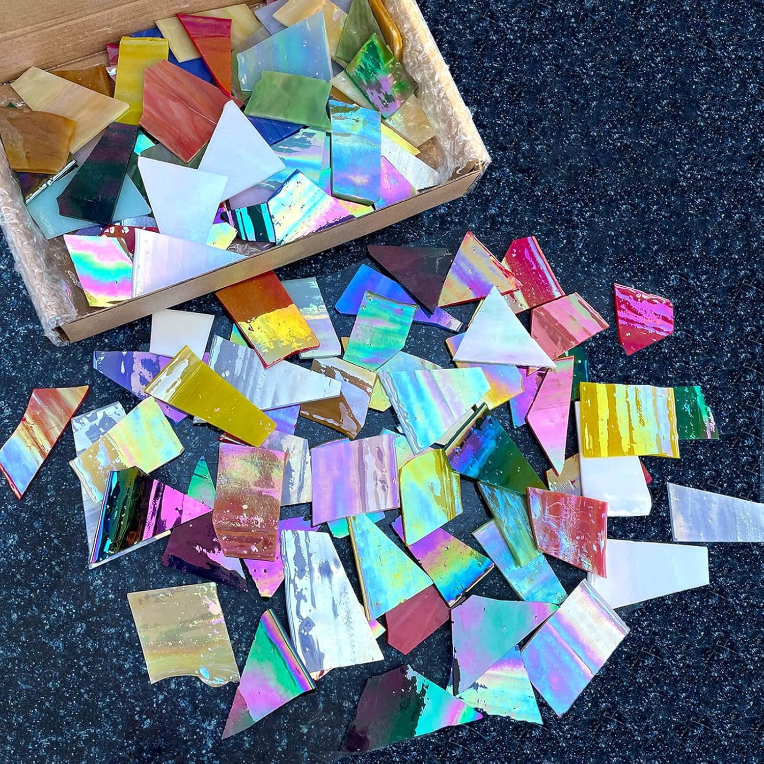 2.2LB Iridescent Mixed-Color Stained Glass Scraps - Irregular Mosaic Tiles & Broken Pieces for Stained Glass Art, DIY Crafts - Assorted Shapes (Mosaic Supplies)