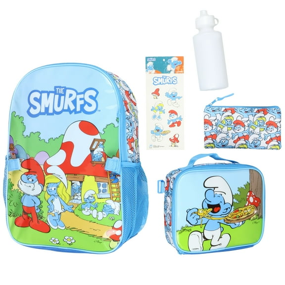 The Smurfs Backpack 5-Piece Mega Set Travel Daypack Bag with Lunch Box Pencil Case Water Bottle and Stickers
