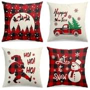 Christmas Pillow Covers 18*18 inches  Buffalo  Throw Pillow Case with Christmas Truck Deer Happy New Year for Holiday Farmhouse Home Decorations -Red and Black Buffalo Plaid