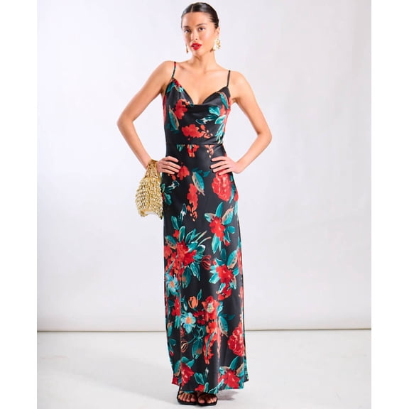 Red Floral Cowl Neck Satin Maxi Dress