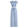thumbnail image 4 of Two Piece of Workouts Outfits Plus Size Solid-Color Casual Vacation Relaxed Style With Pockets Short Sleeve Neck Blouses Shirts Sets, 4 of 7