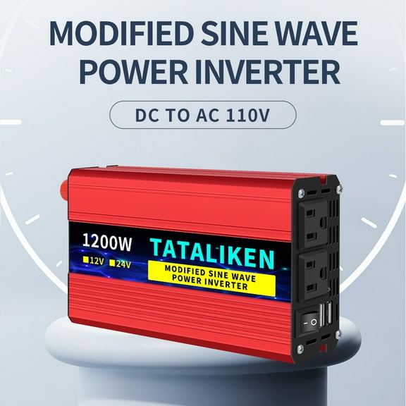 TATALIKEN 1200W Power Inverter DC 12V to AC 110V/120V Car Inverter with Car Cigarette Lighter Adapter 2 AC Outlets Dual USB LCD Display Red