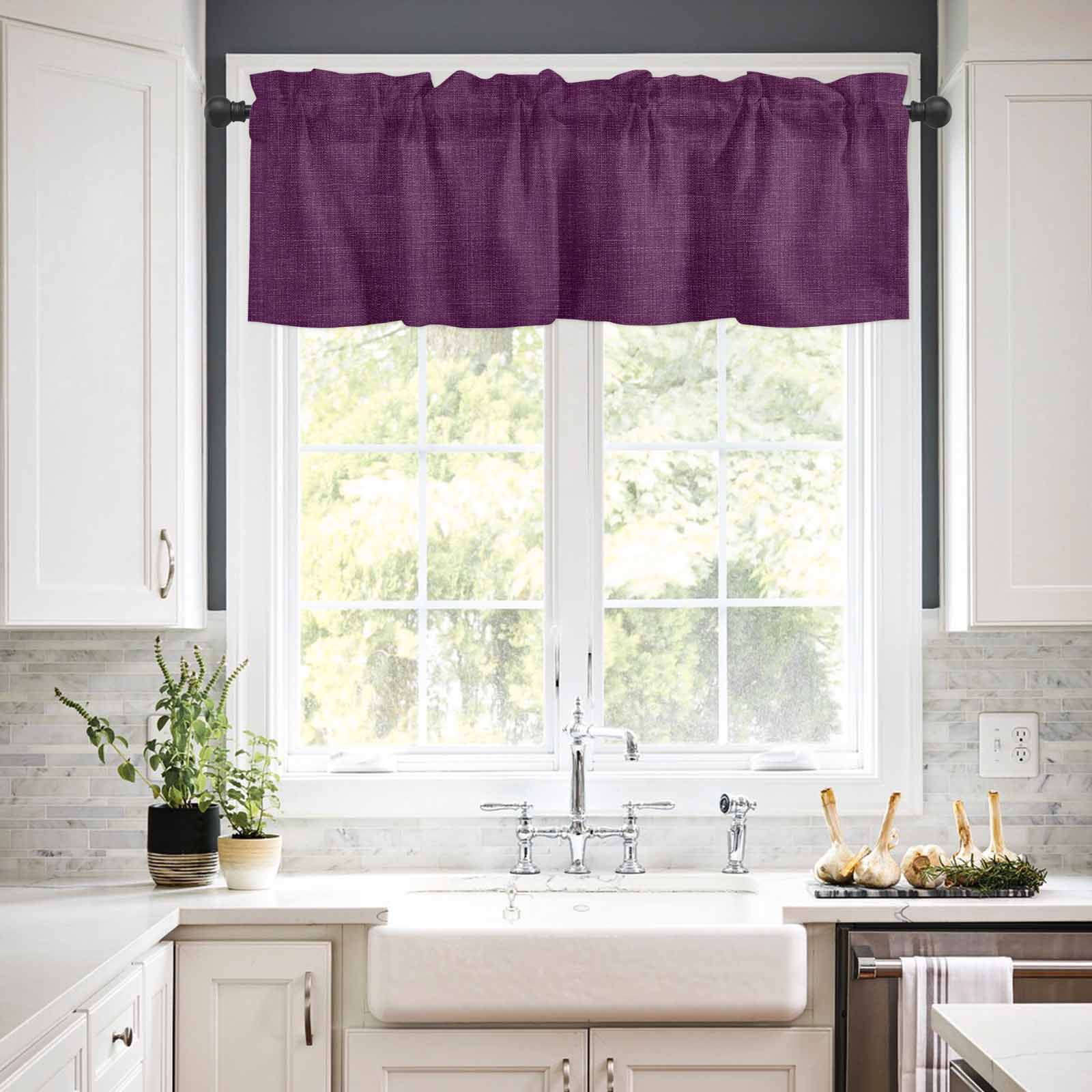 Vintage Dark Kitchen Curtains Valance and Tier Set Purple Linen Texture Farmhouse Rod Pocket Short Curtains for Small Window 3 Pieces Set for Bedroom Bathroom Cafe (54" x 18"+27" x 36")