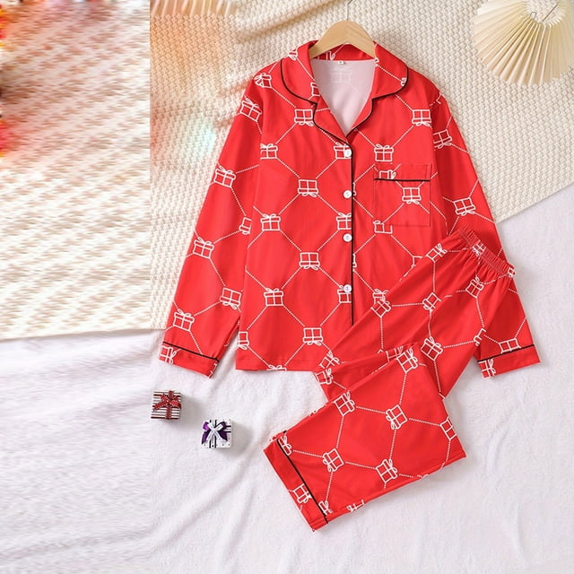 Leodye Famille Simulation Soie Décontractée Tenue de Noël Parent-Enfant Chaude Imprimée Vêtements de Maison Pyjama Deux Pièces Rouge m(m)