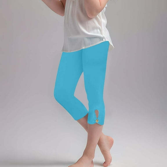 NAISIBABY Girls Capri Leggings, Strech Elastic Waist Breathable Soft Soft Yoga Workout Tight Pants Light Blue 4-5T