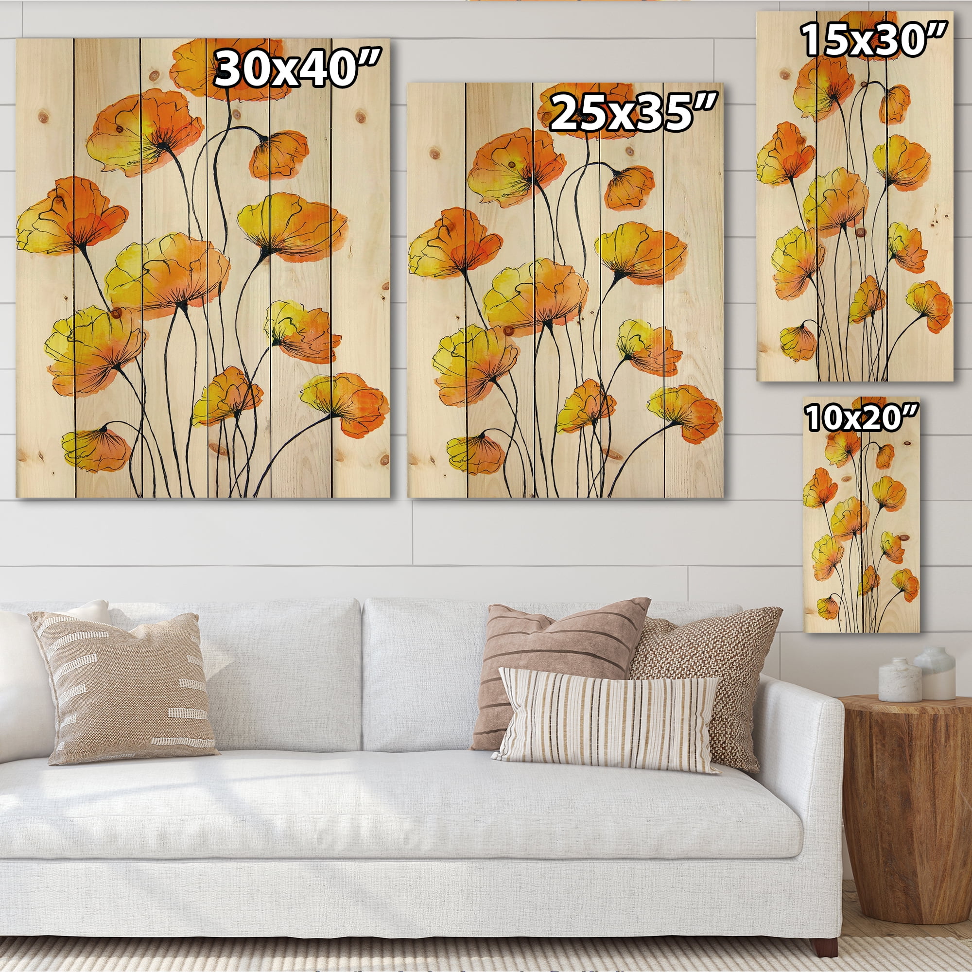 Designart 'Country Yellow Flowers On White' Traditional Print on Natural Pine Wood