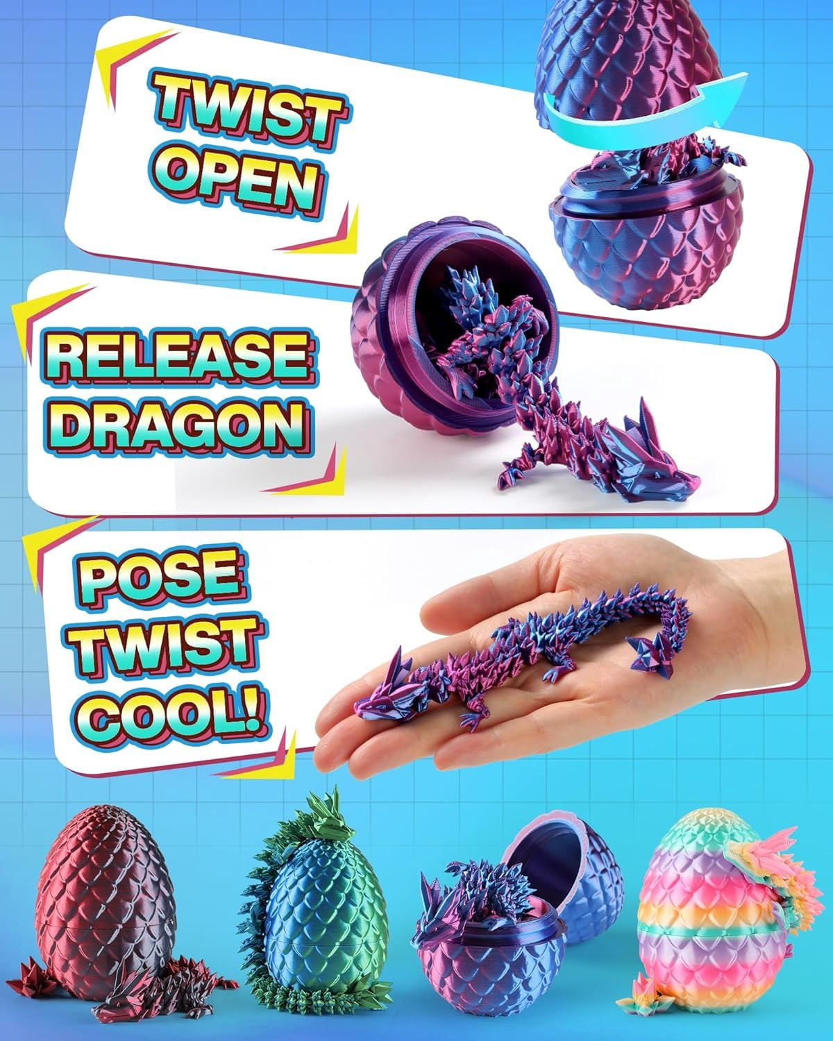 8" 3D Printed Dragon Eggs, Mystery Crystal Dragon Egg for Easter Basket Stuffers, Unique Easter Toys & Decor, Fantasy Tabletop Decor for Kids & Collectors (4 Pack)