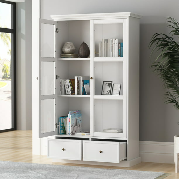 Shelf Storage Cabinet, Modern Bookcase With Glass Doors And Drawers