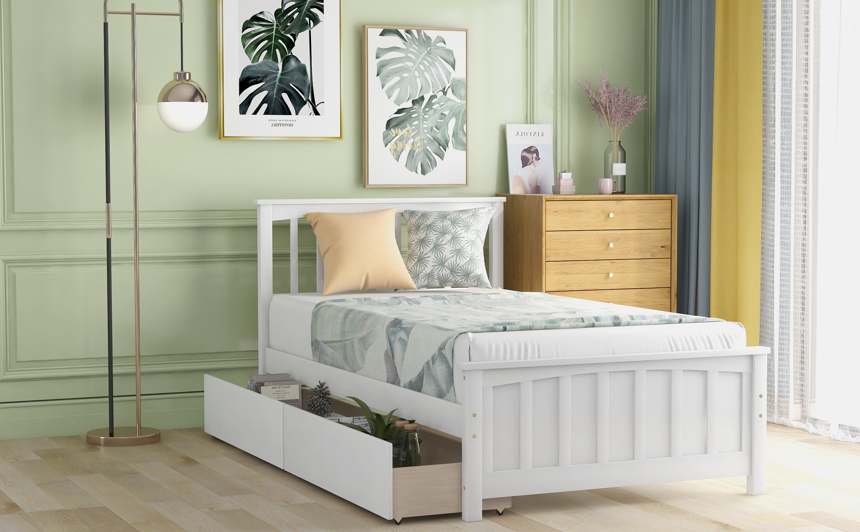 Mintazer Twin Size Platform Bed Frame with 2 Large Rolling Storage Drawers, Vertical Slatted Headboard & Panel Footboard for Kids Teens Adults Bedroom, No Box Spring Needed, White