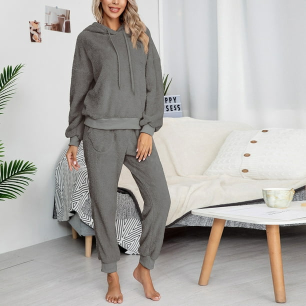 Women's 2 Piece Lounge Outfits Cozy Fleece Plush Long Sleeve Pullover  Hooded Sweatshirt and Pants Sets Tracksuits 