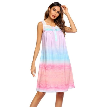

Hotouch Women s Nightgown Button Nightshirt Lace Sleeveless Printed Soft Sleepwear Wide Strap Nightwear S-L