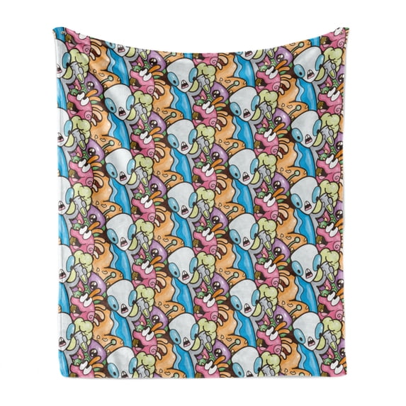 Alien Soft Flannel Fleece Throw Blanket, Repetitive Funny Layout of Humorous Graphic Characters Space Journey, Cozy Plush for Indoor and Outdoor Use, 70" x 90", Deep Sky Blue Multicolor, by Ambesonne