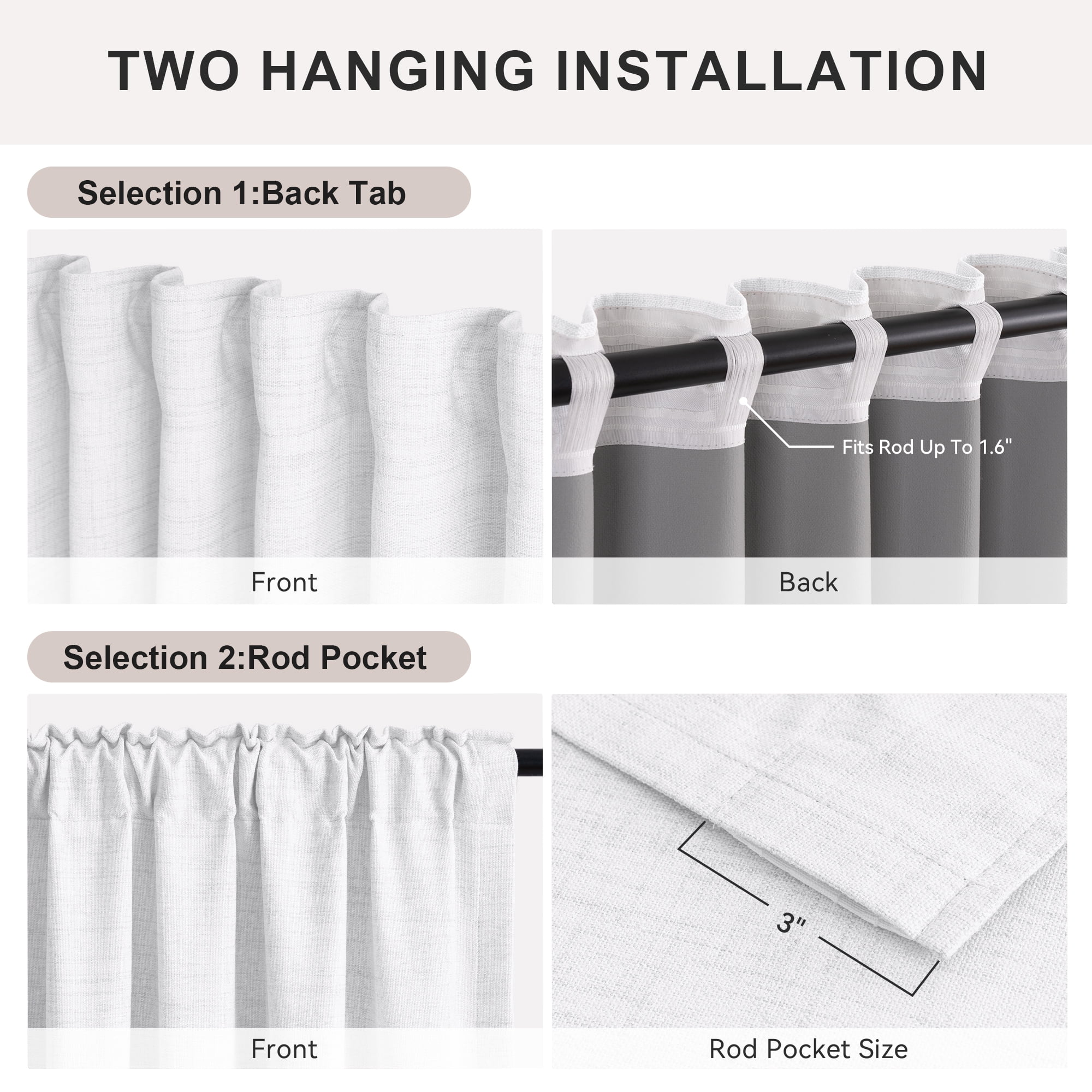 KoshiMe Faux Linen 100% Blackout Curtains for Living Room Bedroom,108 Inch Long Thermal Insulated Back Tab Window Curtains,BrightWhite