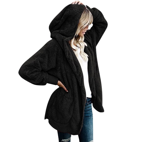 ShomPort Women Hooded Cardigan Fuzzy Fleece Warm Jacket Winter Open Front Coat Outwear with Pockets