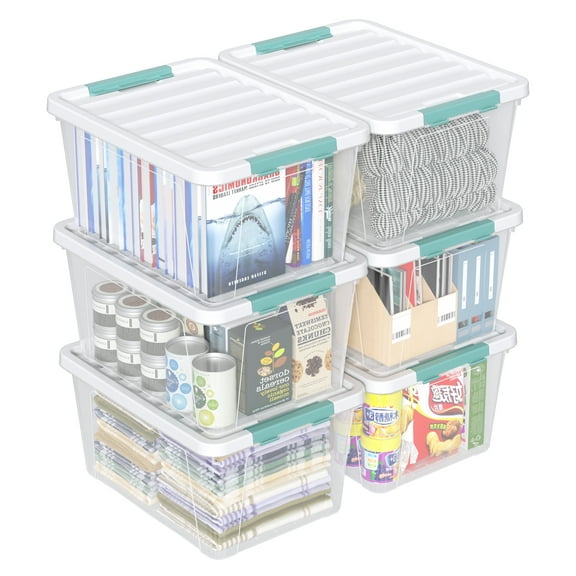 Easymanie 6-Pack 35 Quart Plastic Storage Bin with Lid, Clear Latching Box Bins