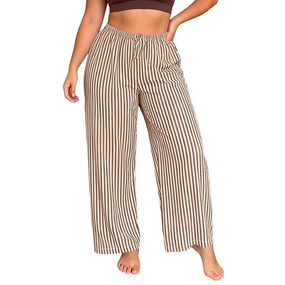 BLVB Striped Pants for Women High Waisted Plus Size Wide Leg Pajama Pants Trendy Pull on Casual Lounge Pants