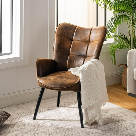 LEIYY Accent Chair Wingback Chair Soft Cushioned Mid Century Modern Leisure Chairs High Back Coffee Chair with Armrests Metal Legs for Reading Living Bedroom Waiting Room, Brown