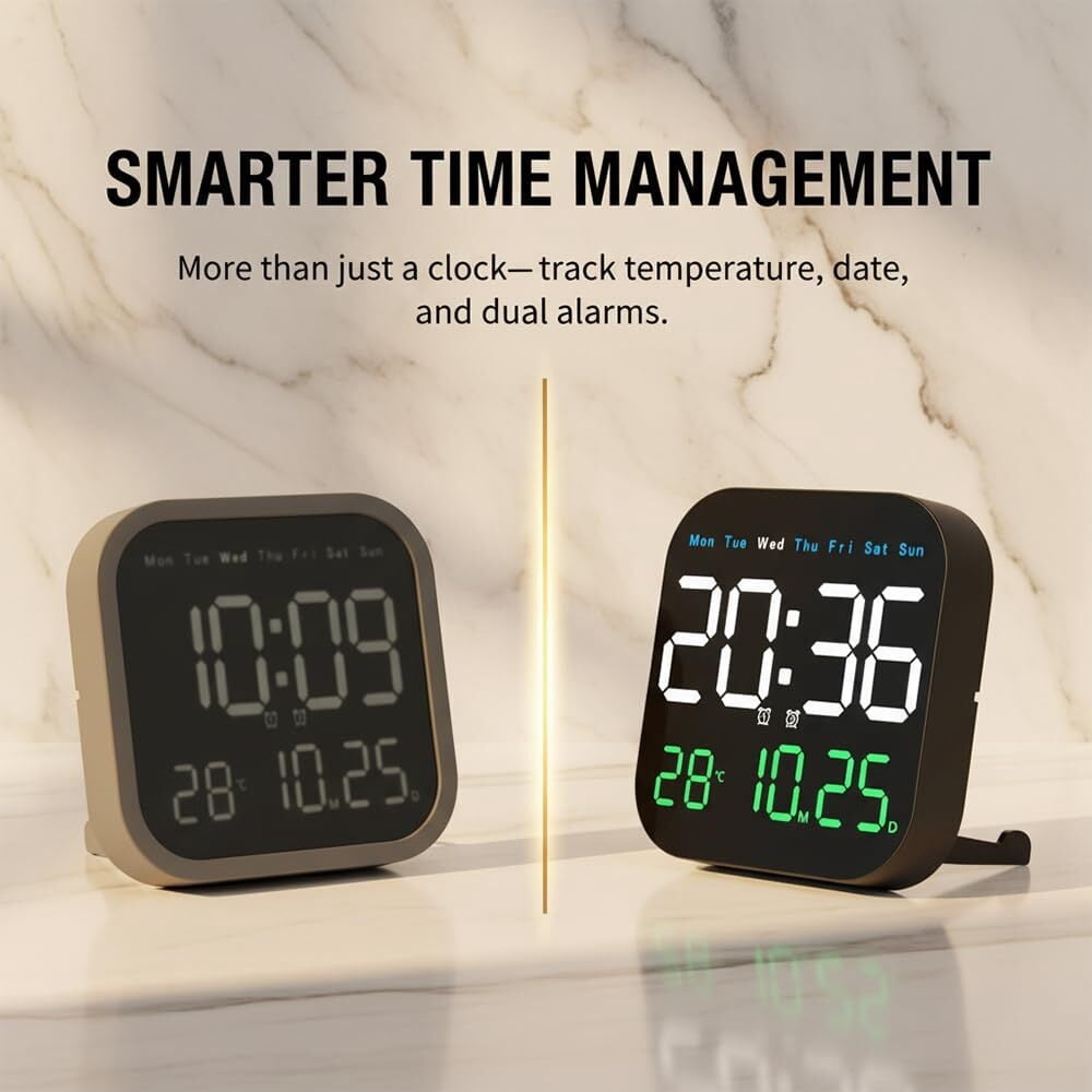 Digital Wall Clock Large Display 2026 | LED Alarm Clock with Remote, Temperature, Calendar Day, Dimmable Brightness, Timer | Battery Operated for Wall or Desk | Modern Home Bedroom Office