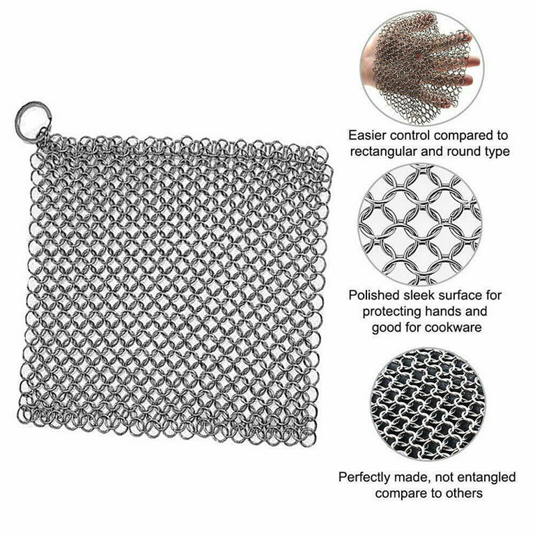 Cast Iron Skillet Cleaner, 316 Stainless Steel Chainmail Scrubber with  Handle, Chain Mail Scrubber Cast Iron for Cleaning Cast Iron Skillets