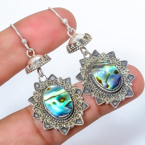 Mermaids Dream Abalone Paua Shell 925 Sterling Silver Bali Earring 1.76" A368, Christmas Gift, Gemstone Silver Jewelry, Abalone Shell Earring, New Yea