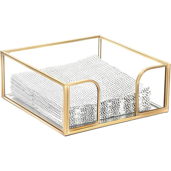 Sumnacon Cocktail-Sized Napkin Holder Square Glass Napkin Holder Table Gold Stylish Cocktail Napkin Holders for Kitchen Dining Table Counter,Decorative Napkin Basket for Picnic Wedding Party