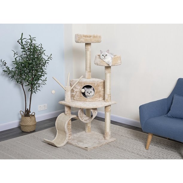 Go Pet Club 55in Cat Tree & Condo Scratching Post Tower, Beige