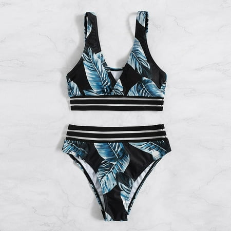 CAICJ98 2 Piece Swimsuit for Women Women s Knot Hem Top with High Waist Ruched Panty Two Piece Swimsuits Blue XL